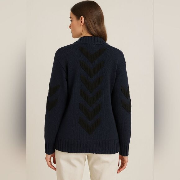 Mara Hoffman Wool Leather Appliqué Button Front Cardigan Sweater Navy Black Sz S - Picture 13 of 13